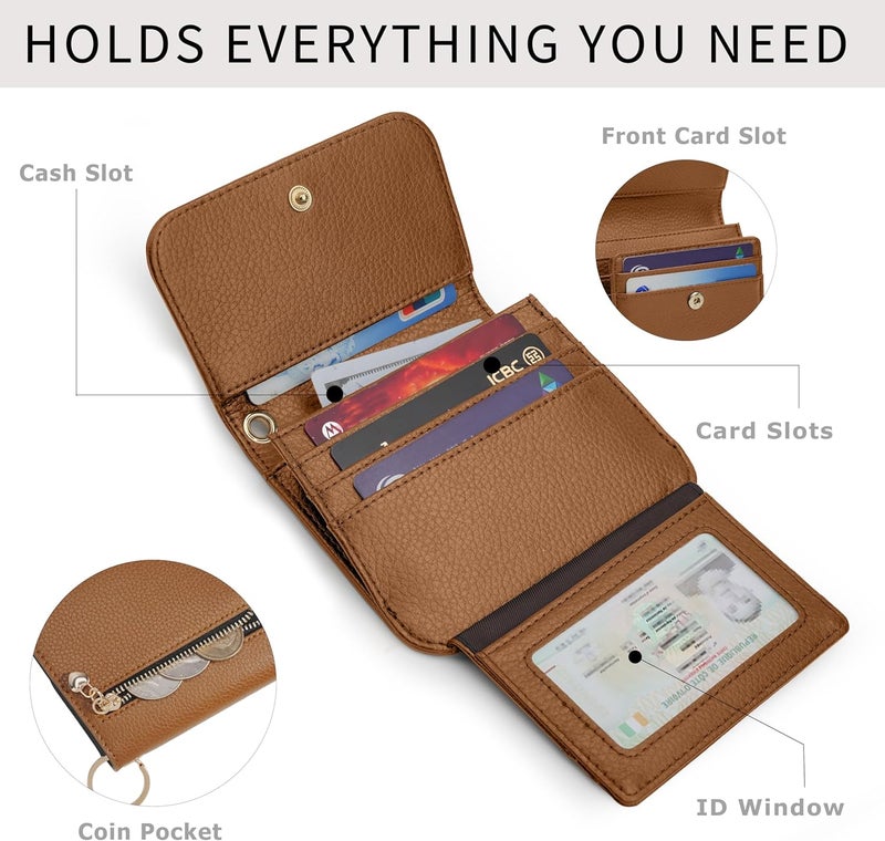 Sunpour Women Small Wallet RFID Blocking Slim Wallet with Coin Pocket Tri-Fold Credit Card Holder with ID Window and Keychain(Camel) - Image 2